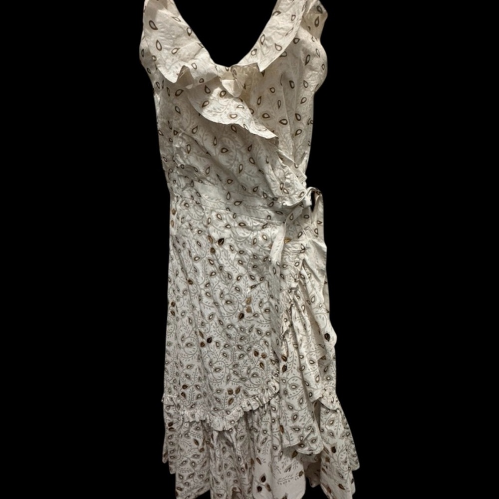 Juliet Dunn gold leaf print ruffled wrap dress US size 4/6